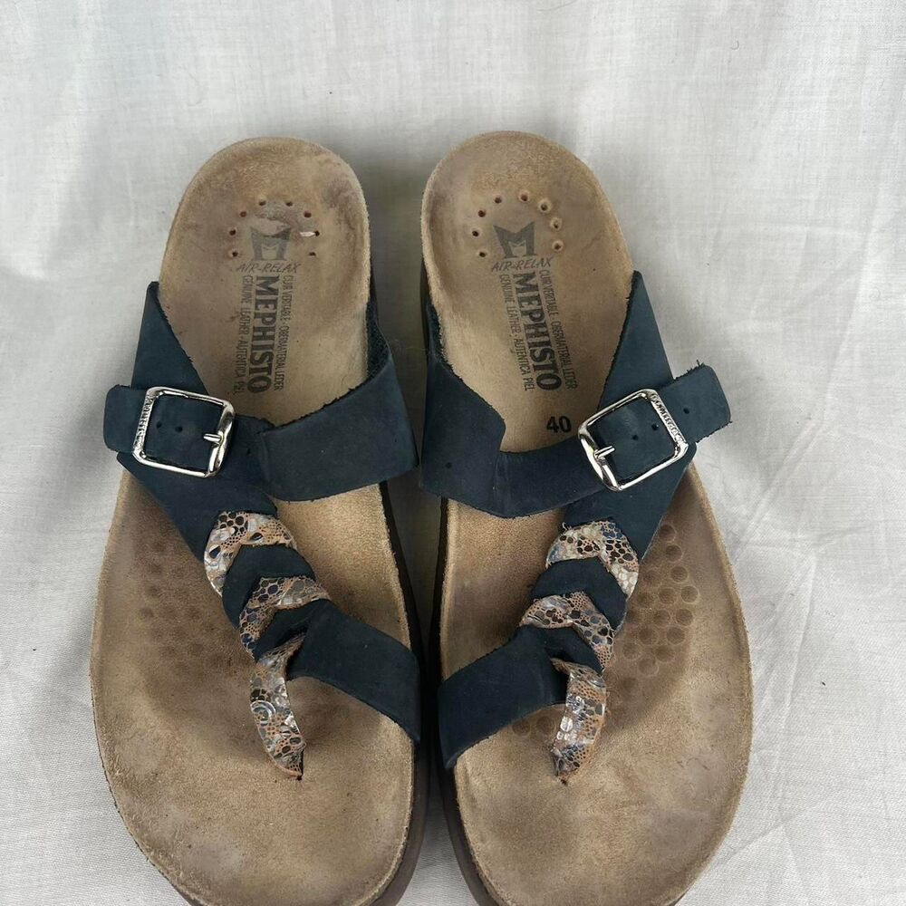 Mephisto Black Leather Sandals With Snake Print Straps Size 10 (40) - Picture 2 of 8